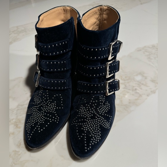 Chloe Shoes - Chloe Midnight Blue velvet Studded Ankle Boots